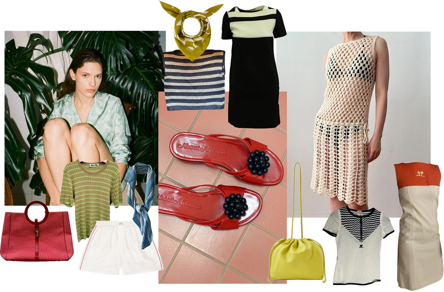 Collage of vintage and designer clothing and accessories including Comme Si x Le Sirenuse shirts and boxers, Soeur scarves and bags, vintage YSL stripe top, Emilio Pucci dress, Courrèges dresses and t-shirts, Miu Miu stripe t-shirt, and About Arianne slip-on sandals. Collage of vintage and designer clothing and accessories including Comme Si x Le Sirenuse shirts and boxers, Soeur scarves and bags, vintage YSL stripe top, Emilio Pucci dress, Courrèges dresses and t-shirts, Miu Miu stripe t-shirt, and About Arianne slip-on sandals.