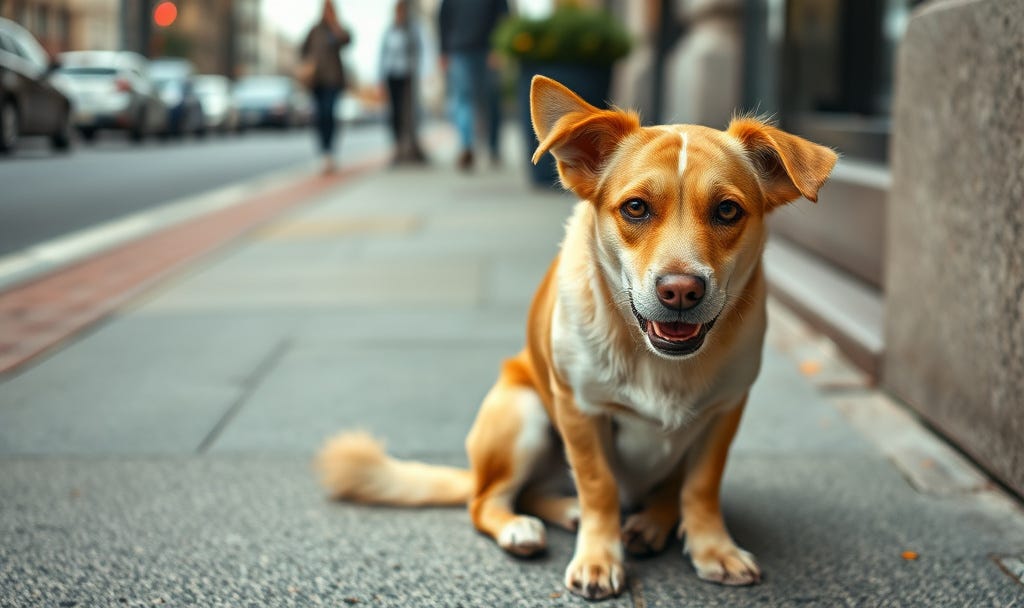 A golden mixed-breed dog sitting on a city sidewalk, facing the camera with soft, curious eyes and relaxed ears. The street is blurred behind it, capturing a quiet moment of connection in an urban setting.