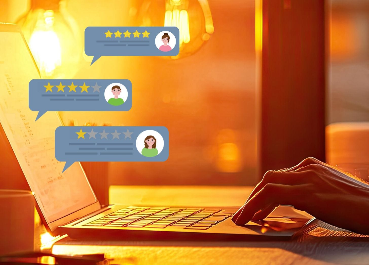 Hotel owner replying to guest reviews on a laptop with AI-generated suggestions, showing the blend of technology and human warmth. Hotel owner replying to guest reviews on a laptop with AI-generated suggestions, showing the blend of technology and human warmth.