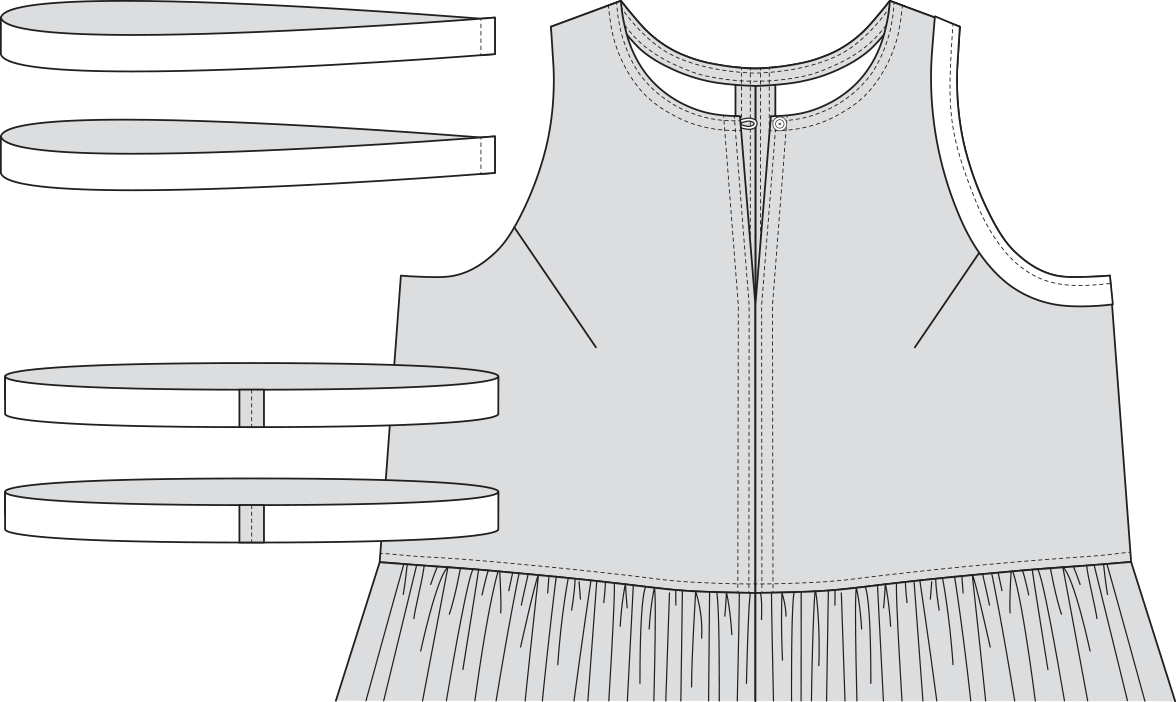 Technical illustration of four circular armhole binding strips next to Austin Dress View B bodice with bound armholes and keyhole neckline