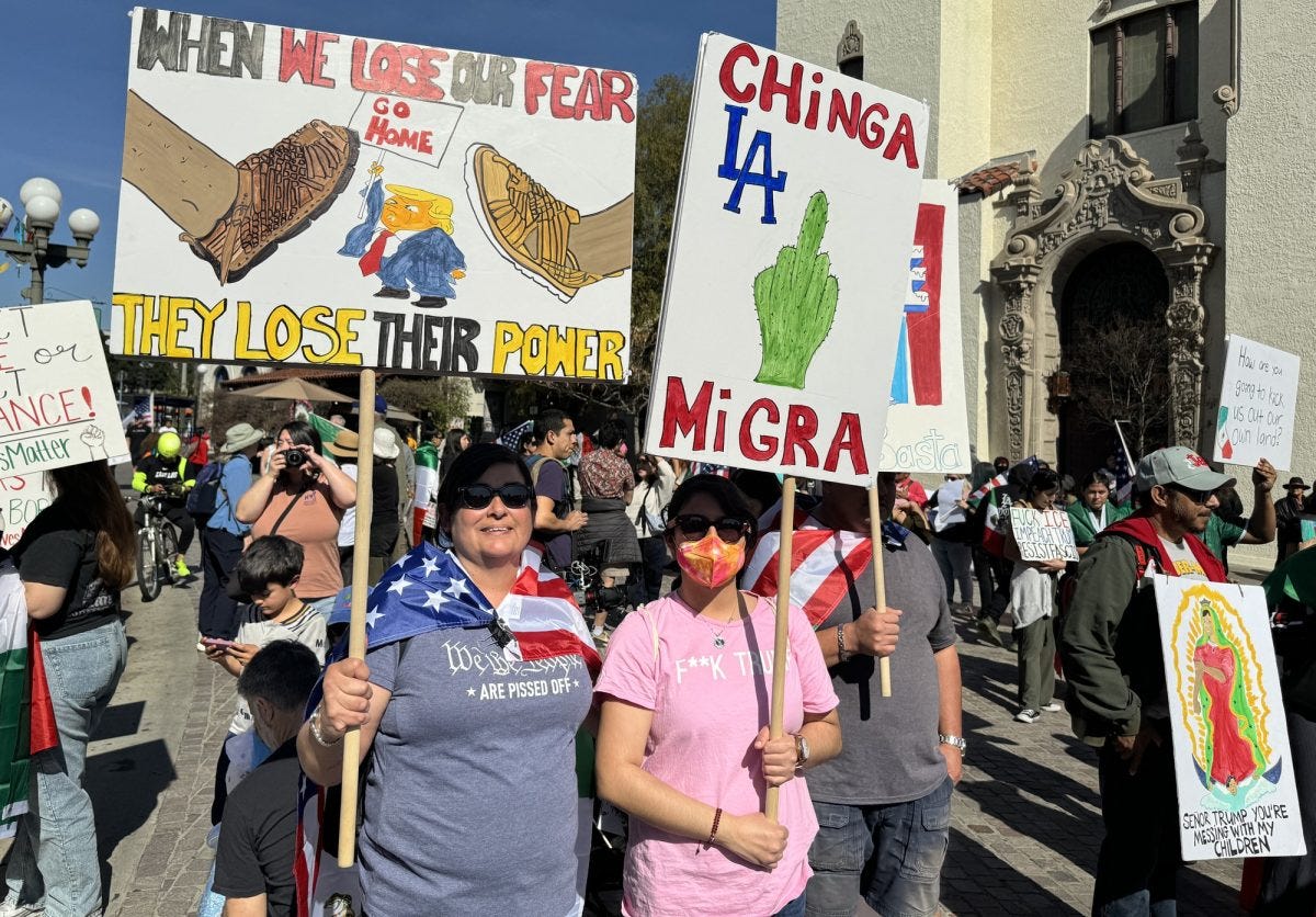 Marchers calling on people to challenge ICE raids join more than 1,000 people in Downtown LA for the “Not My Presidents Day” protest on Feb. 17, 2025. The rapid response networks that people have built across the country have blocked ICE access to a growing number of schools, workplaces and communities. (Kim McGill | Warrior Life)