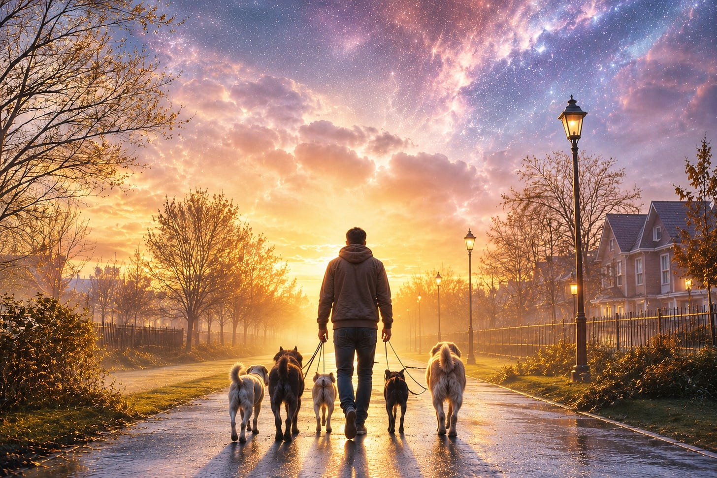 A solitary man quietly walking several dogs along a misty neighborhood street or park path at dawn. A solitary man quietly walking several dogs along a misty neighborhood street or park path at dawn.