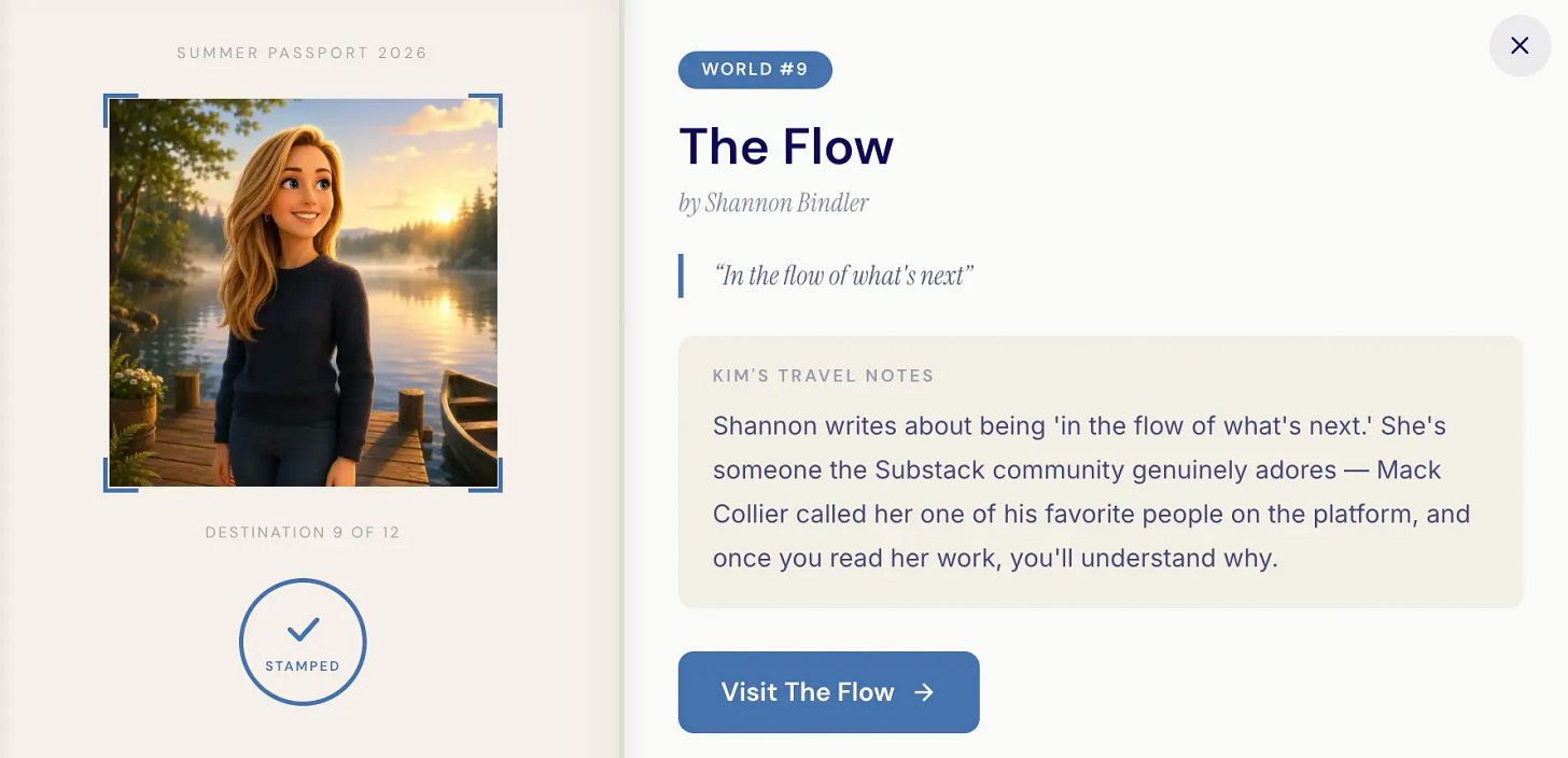 Summer Passport page for Shannon Bindler's The Flow, showing Pixar-style character standing on a dock at a misty lake at sunset with Kim's travel notes