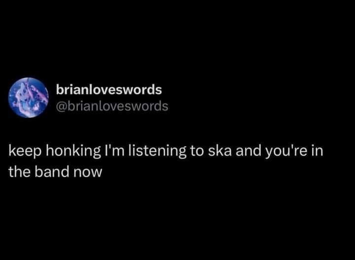 A tweet by @brianloveswords: keep honking I'm listening to ska and you're in the band now
