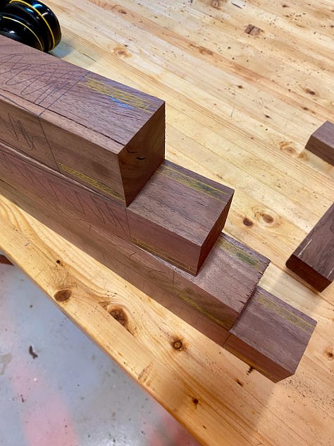 Making the legs involves laying out and cutting the mortises, cutting the tenons in the aprons, and then cutting the tapers on the legs