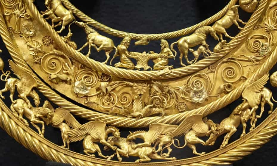 The thieves are particularly interested in Scythian treasure, like this 4th century BC golden pectoral, exhibited at the Museum of Historical Treasures in Kyiv. This is not among the looted items. The thieves are particularly interested in Scythian treasure, like this 4th century BC golden pectoral, exhibited at the Museum of Historical Treasures in Kyiv. This is not among the looted items.
