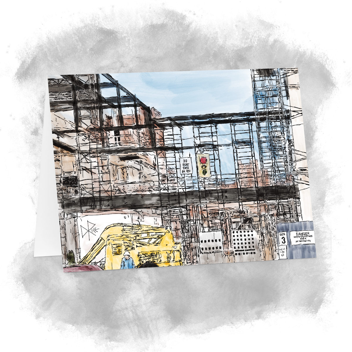 A downtown building under construction. Elevated platforms and scaffolding cross vertically and horizontally to create workplaces while steel beams are being positioned and secured. Sketch art by Don Rice. A downtown building under construction. Elevated platforms and scaffolding cross vertically and horizontally to create workplaces while steel beams are being positioned and secured. Sketch art by Don Rice.