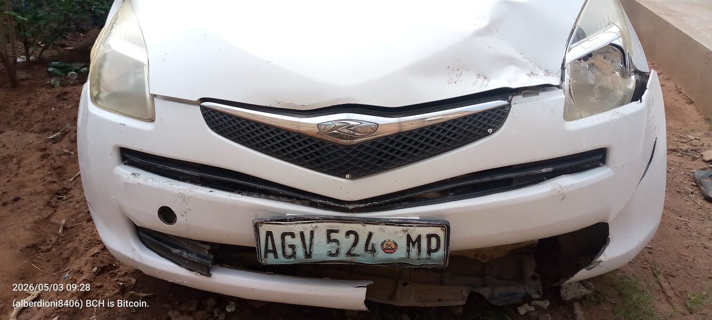 After the crash: hood is gone, headlights gone and front bumper too.