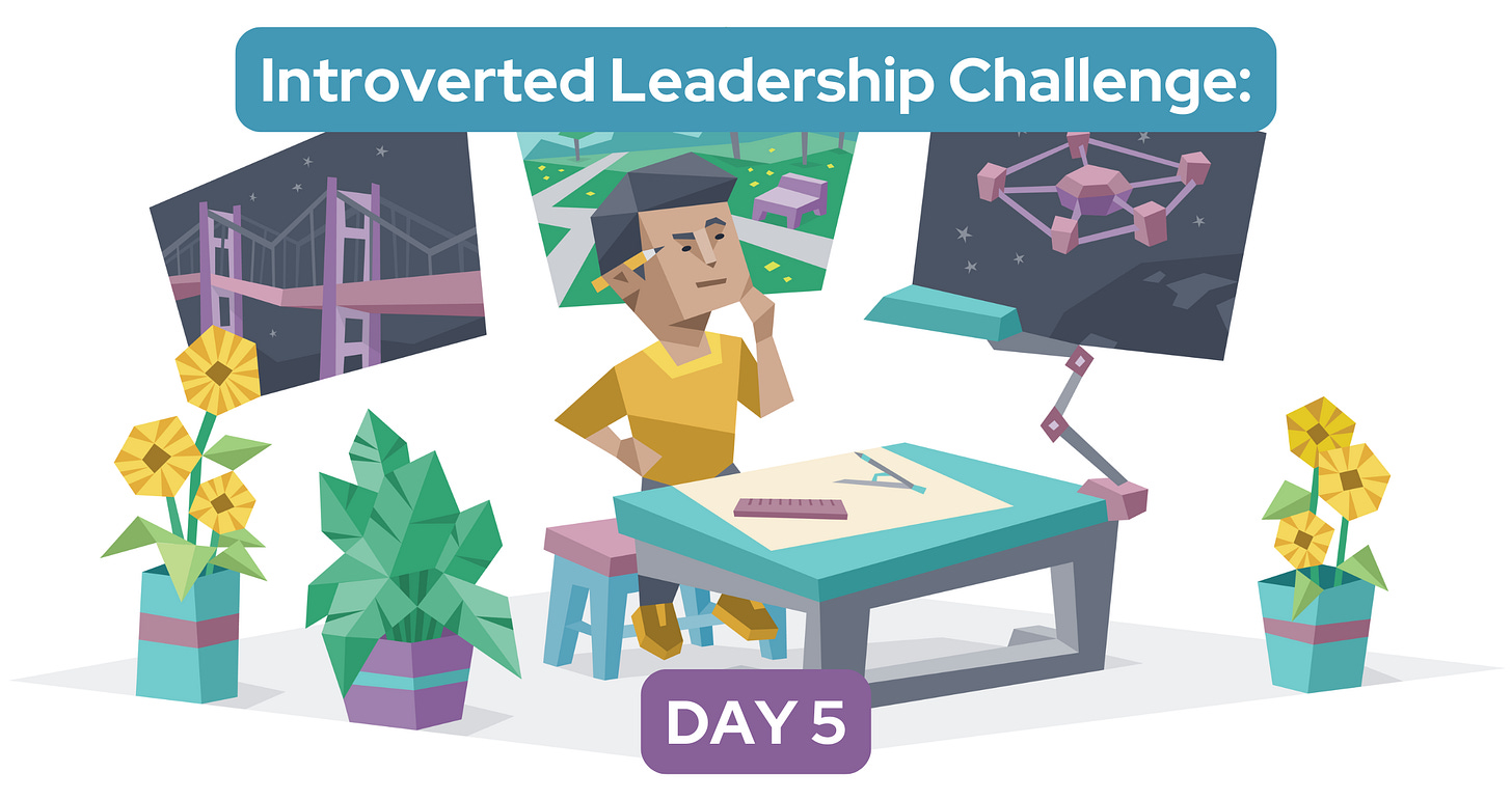 A man pondering – he sits at a desk while his thoughts about architecture, nature, and space are projected behind him. Text reads: Introverted Leadership Challenge: Day 5