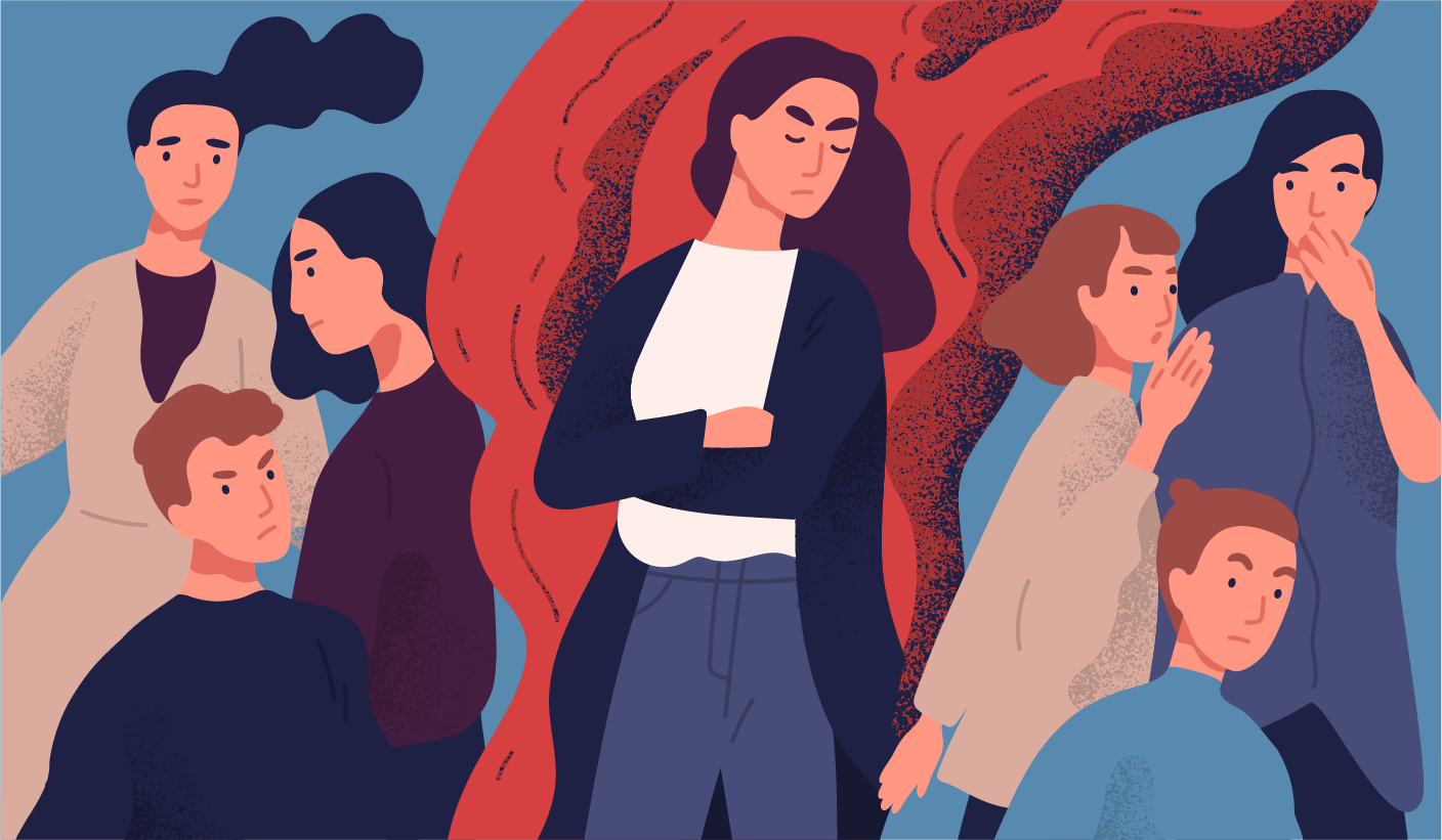Illustration of a self-absorbed woman giving off negativity and pushing other people away by her bad mood.
