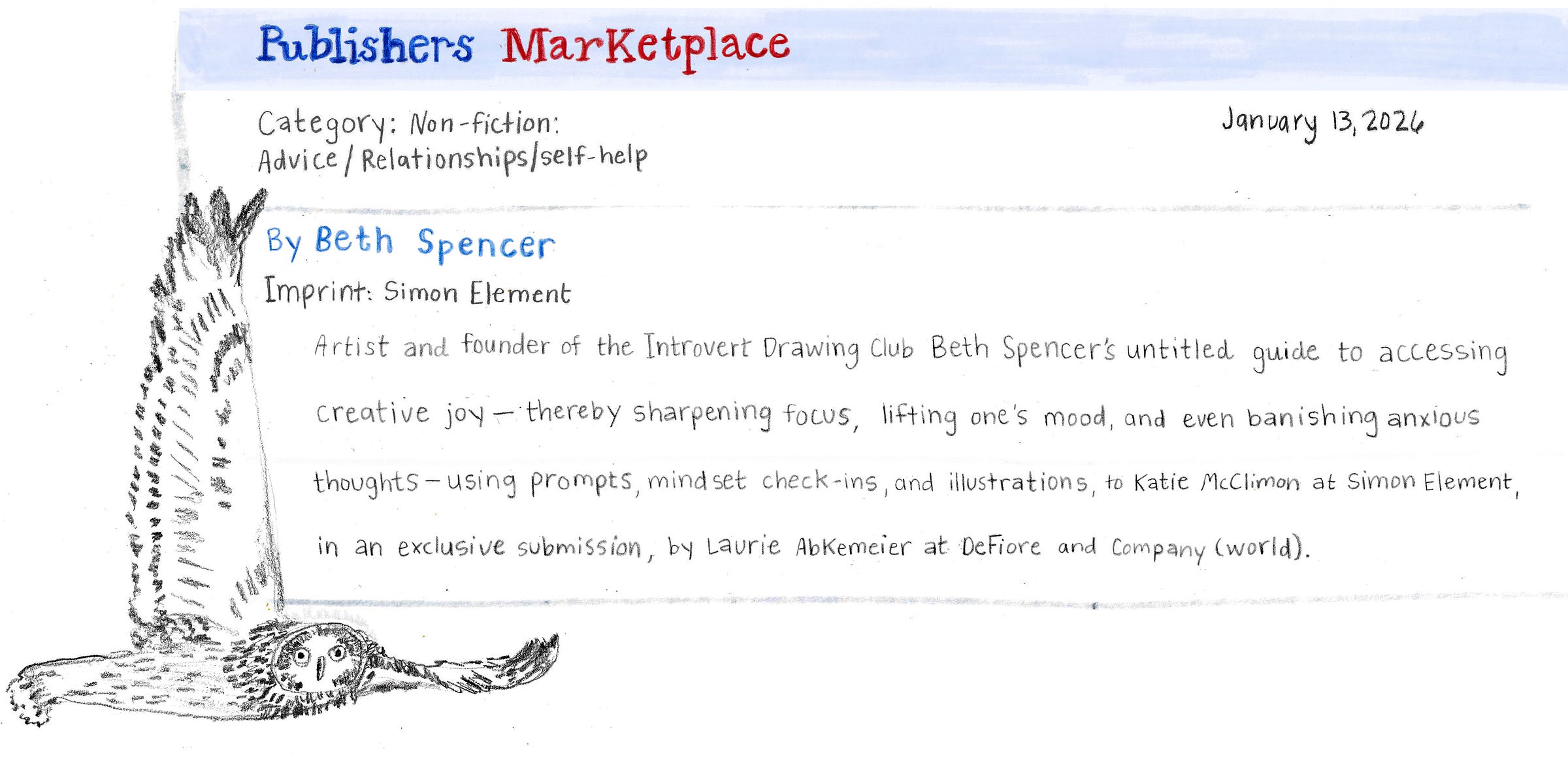 Beth Spencer book announcement with owl