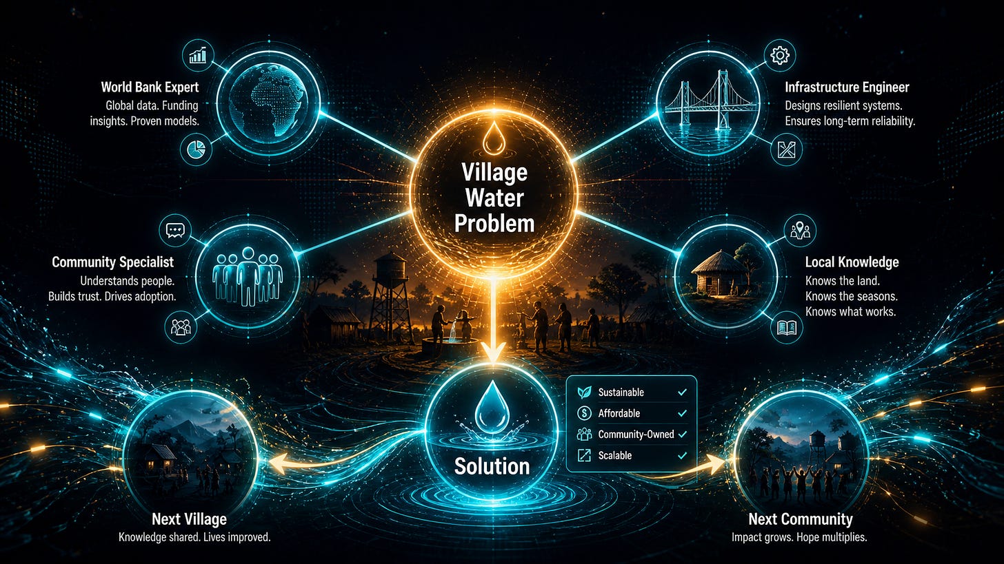 Network diagram showing four specialists, a World Bank Expert, Infrastructure Engineer, Community Specialist, and Local Knowledge holder, converging on a Village Water Problem, with the solution flowing to Next Village and Next Community, illustrating how collective intelligence solves problems that scale and reuse across communities.