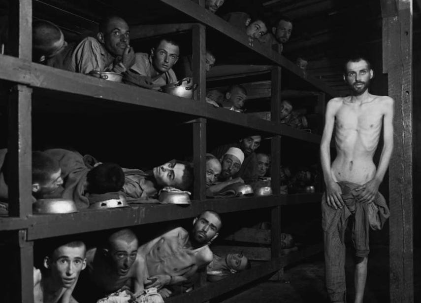 Prisoners in barracks at the Buchenwald concentration camp.