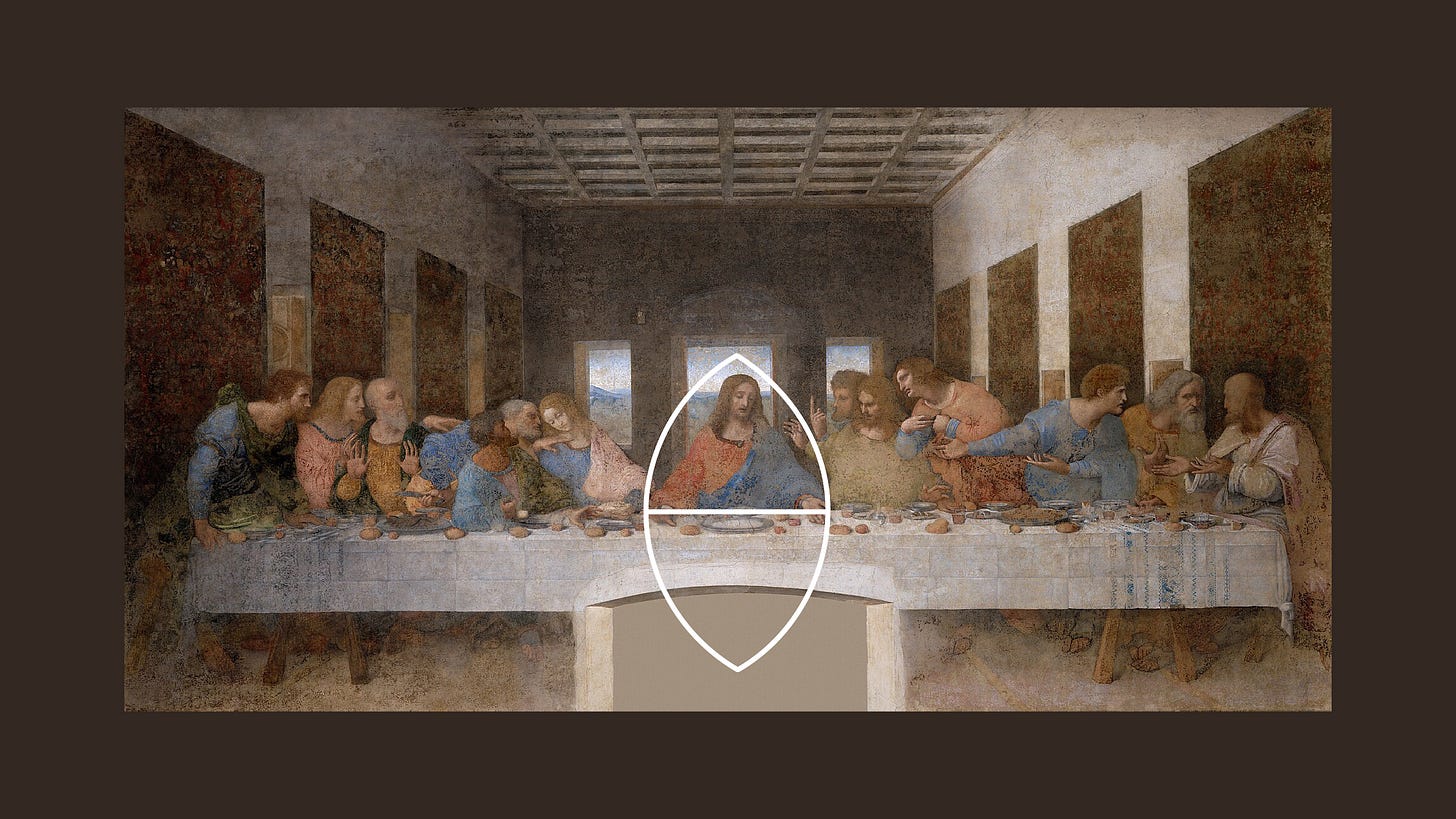 The hidden Holy Grail/Vedic Kumbha of Leonardo’s Last Supper, held in and measured by Jesus’s hands. (Illustration, Lori Tompkins, 2026)