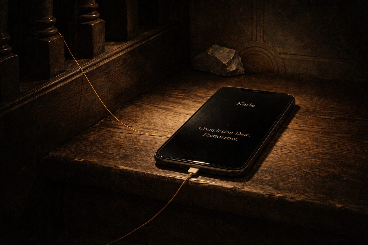 Oil-painted iPhone on a dim wooden stair landing displaying “Completion Date: Tomorrow,” a thin gold thread caught in the banister and trailing into the charging port under dramatic shadowed light.