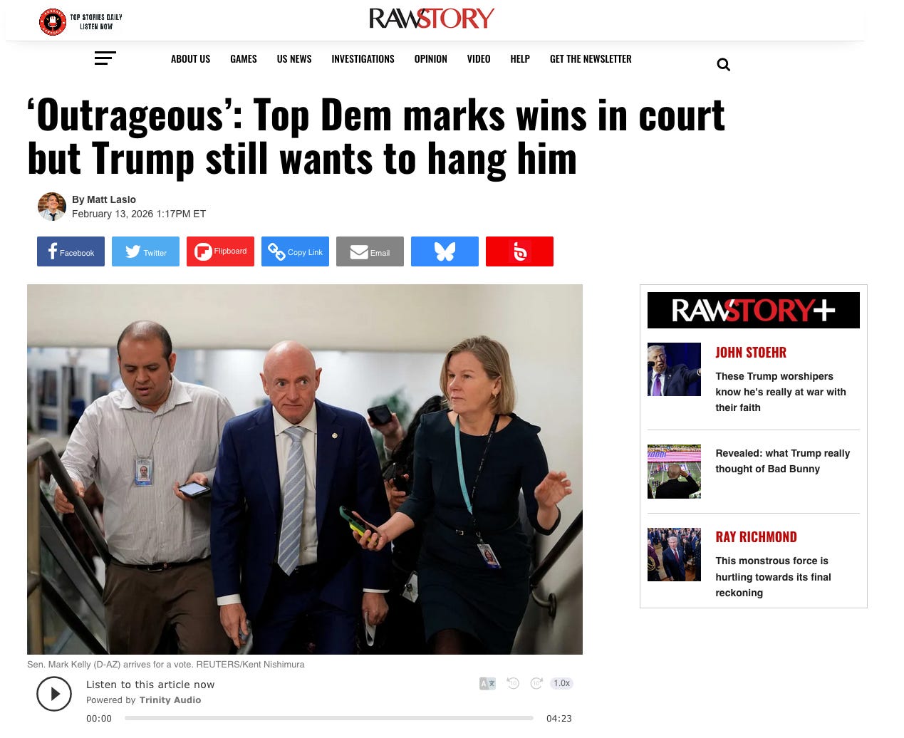 Scrrenshot of Ask a Pol founder Matt Laslo's Raw Story feature using this mark Kelly exclusive. Screenshot 