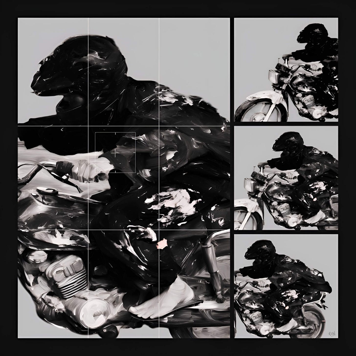 A black-and-white painterly image of a helmeted rider on a motorcycle, rendered in thick, swirling strokes against gray. A white camera grid overlays the main view. Three right-hand panels capture the ride in a stop-motion sequence, showing the figure and bike in progressive stages of movement.