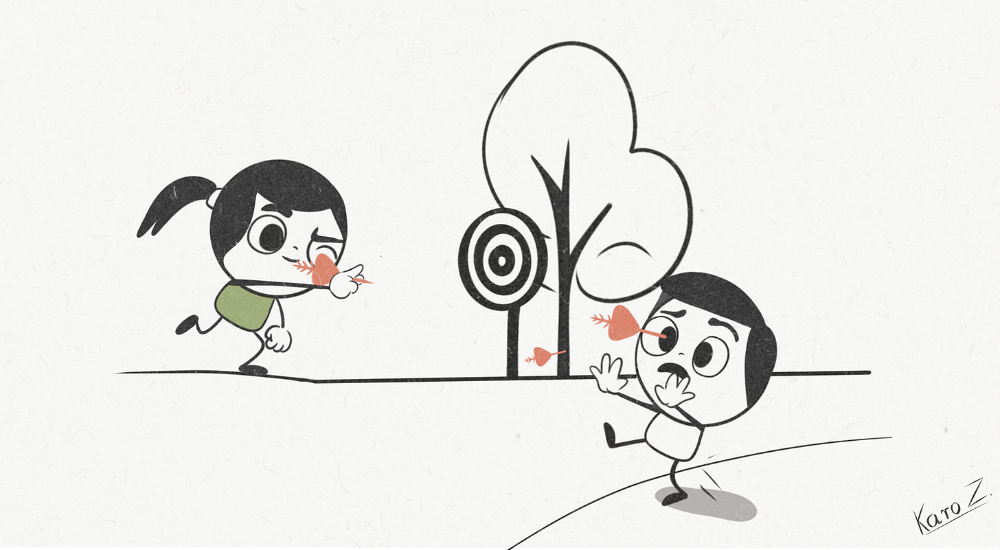 Karo Zieminski, Product With Attitude — minimalist stick-figure girl blindly throwing darts at a target while a panicked boy ducks; visual metaphor for inconsistent AI prompting outcomes.
