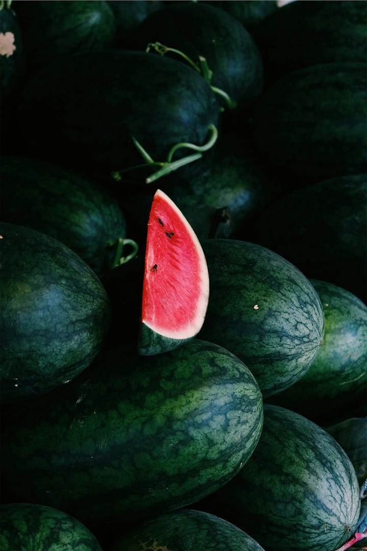 A somewhat chunky version of the salad that I made quickly and you can't quite see the chicken but trust it's there. Also some lovely watermelons from 'Endless Day of Summer' via Unsplash.