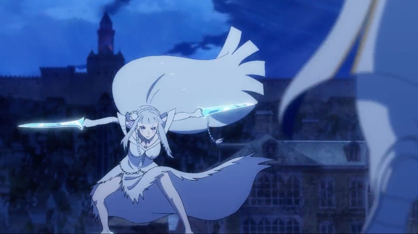 Emilia prepares to fight Greed with her ice blades in Re:Zero season 3 episode 10.