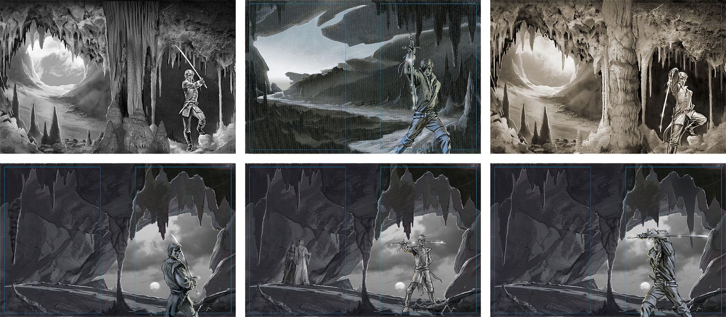 Two rows with three images each. Both rows feature perspective from inside the cave. Top middle has a unique cave entrance with zigzag path leading to Rand holding a sword pommel up, blade down. The top left and right feature an ovular cave opening sloping down past vertical pillars of stalactites. Rand holds his sword out angled 45 degrees left, and on the top right with the blade pointed down. The bottom row features a cave opening shaped roughly like an eye positions in the right of the canvas. Bottom left: Rand is viewed on an angle from behind clutching his sword close. Middle left: Moiraine and Nynaeve are in the background right while Rand holds his sword up parallel to the ground at eye level, crossing his face. Middle right: Rand takes the cover pose inverted with arm shielding his eyes as the blade points right and rungs the length of his arm parallel to the ground.