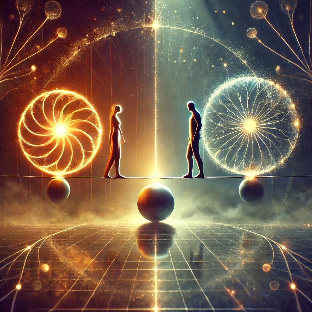 A conceptual image illustrating the tension between individual freedom and collective responsibility within relationships. Two figures stand side by side, each holding a glowing sphere. One sphere radiates a warm, focused light, symbolizing personal freedom and fulfillment, while the other emits a softer, wider glow, representing collective care and responsibility. A delicate balance line connects them, symbolizing the careful integration of self and community. The background is layered with abstract shapes that suggest growth and evolution, reflecting themes of human potential, conscious connection, and introspection. The scene is reflective and symbolic.