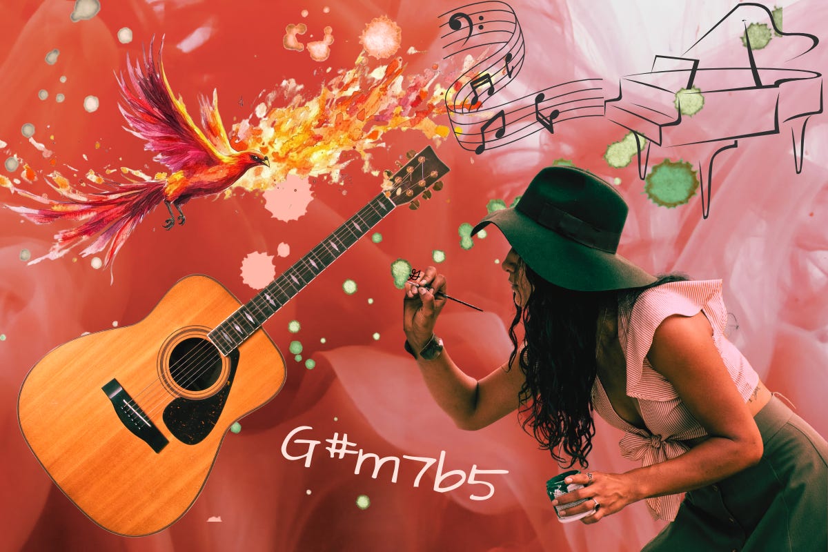 A collage-style image showing a guitar, a phoenix, musical notes, a piano, a woman painting, and a G# minor seventh flat 5 chord. A collage-style image showing a guitar, a phoenix, musical notes, a piano, a woman painting, and a G# minor seventh flat 5 chord.