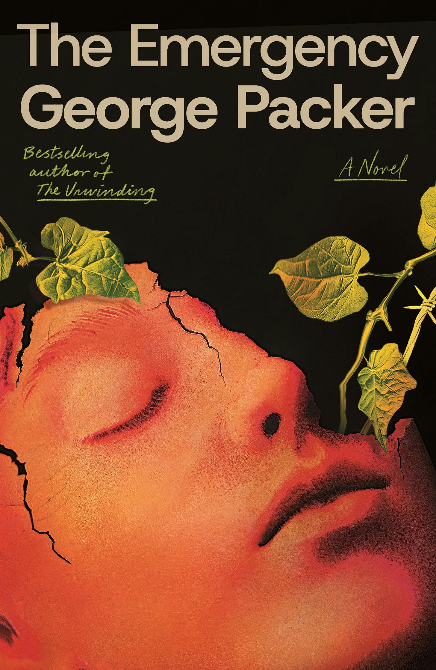 Cover image of The Emergency, by George Packer, with an image of a cracked face surrounded by vines, on a black background