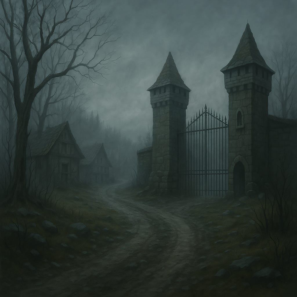 Create a picture of the Old Svalich Road stretching from the gates of the Village of Barovia