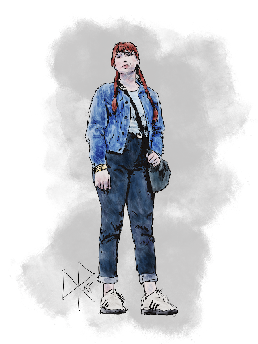 A woman with her red hair in pigtails stands while dressed in a denim jacket and jeans. Sketch art by Don Rice. A woman with her red hair in pigtails stands while dressed in a denim jacket and jeans. Sketch art by Don Rice.
