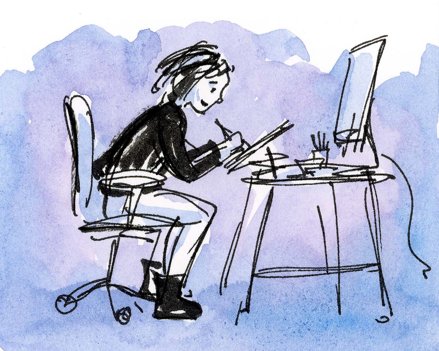 Watercolor illustration by graphic novelist K. Woodman-Maynard of her drawing at her desk. 