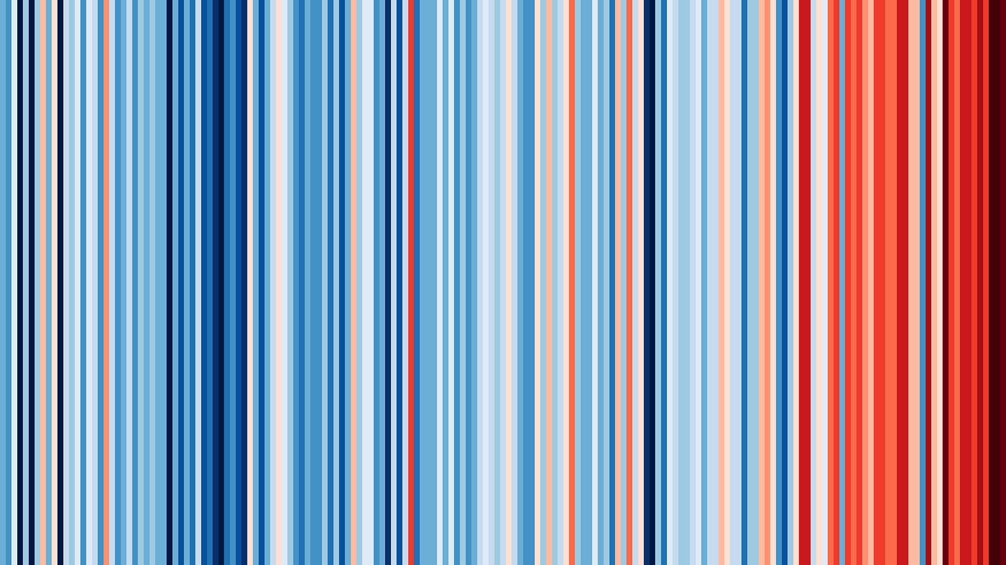 Colour-coded stripes showing blue for cooler years and red for warmer, getting very red towards the end Colour-coded stripes showing blue for cooler years and red for warmer, getting very red towards the end