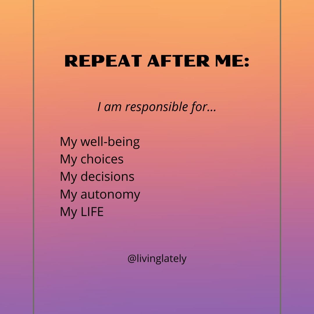 Graphic with a gradient orange, pink, and purple background and the words, "Repeat after me: I am responsible for... My well-bring, my 