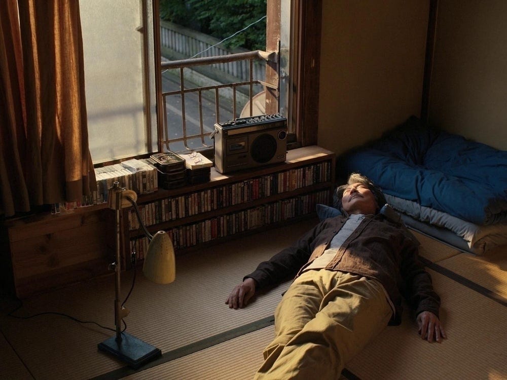Perfect Days is a very good film about cleaning toilets. Hirayama and I  share a few quirks—like lying flat on the floor while listening to music. 🍿