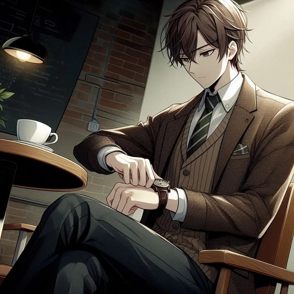 a young man with brown hair and a suit with a sweater vest under his jacket checking his watch while leaning back in his chair at a cafe. Anime art style dark.