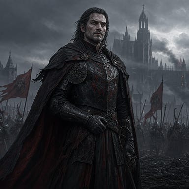 Mortal Strahd von Zarovich as a war‑scarred and commanding general, angular aristocratic features without resembling any real actor, pale intense eyes, dark swept‑back hair, weathered but noble face, battle‑worn armor of blackened steel with crimson accents, long cloak stirring in cold Barovian wind, misty battlefield backdrop, Barovian Gothic atmosphere