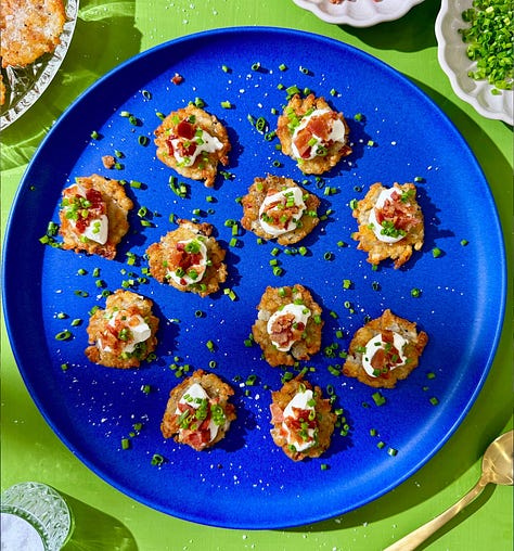 Collage of 7 easy summer appetizer recipes including golden fried zucchini blossoms, crispy eggplant rounds, loaded smashed potatoes, corn rangoons, panko-crusted goat cheese balls, pea fritters, and olive crostini - all ready in 30 minutes or less