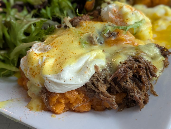 Laoban BBQ Pork Bao Buns. Short-rib benedict with sweet potatoes from Square Cafe in Pittsburgh.