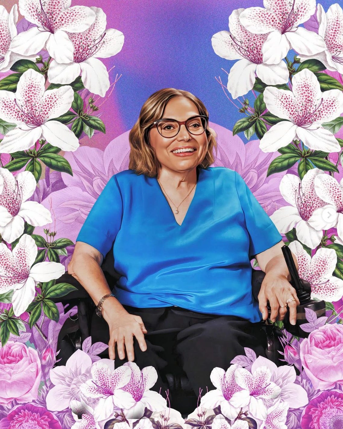 Digital collage of Judy Heumann by Jennifer White-Johnson. Digital collage of Judy Heumann by Jennifer White-Johnson.