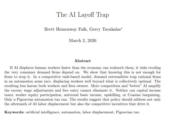 The "AI Layoff Trap" paper abstract.
