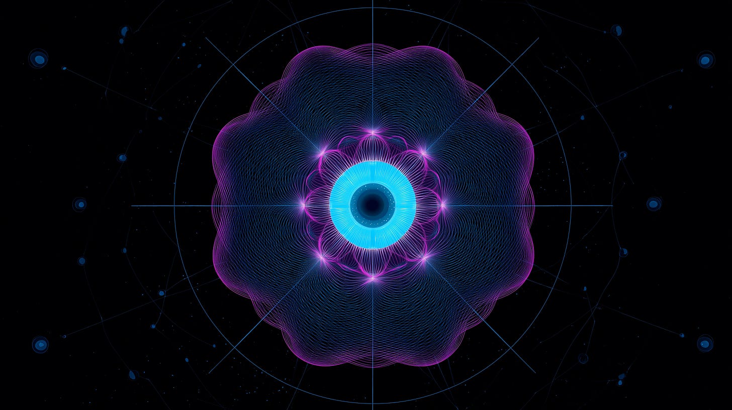 Central glowing node surrounded by layered geometric systems and connected data lines.