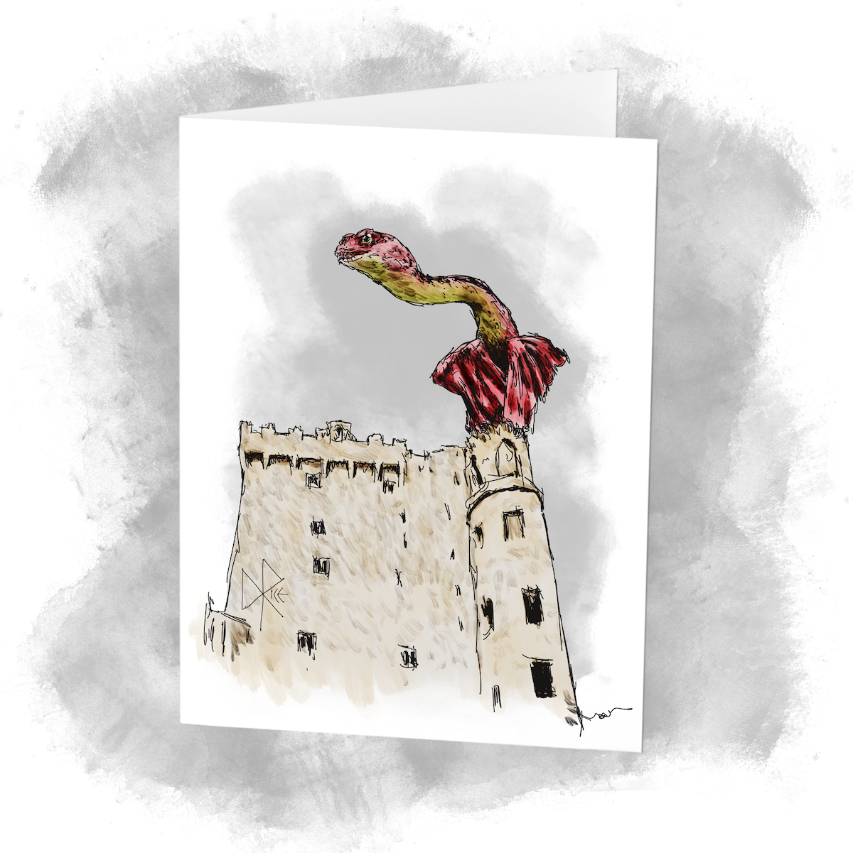 A red dragon perches at the top of a turret, head moving on its long neck and wings folded comfortably. Sketch art by Don Rice.