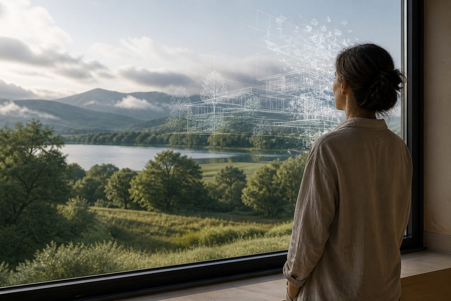 A woman looks through a window at a mountain landscape while a faint architectural blueprint dissolves across the glass.