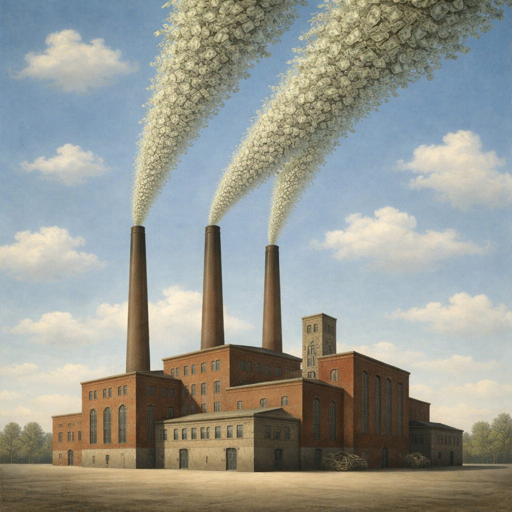A surreal Magritte-style painting of a large brick factory beneath a calm blue sky, with its three smokestacks emitting pale streams of dollar bills that drift upward like smoke. The scene is orderly and still, making the factory seem less like a place that produces goods than a machine that manufactures money itself.