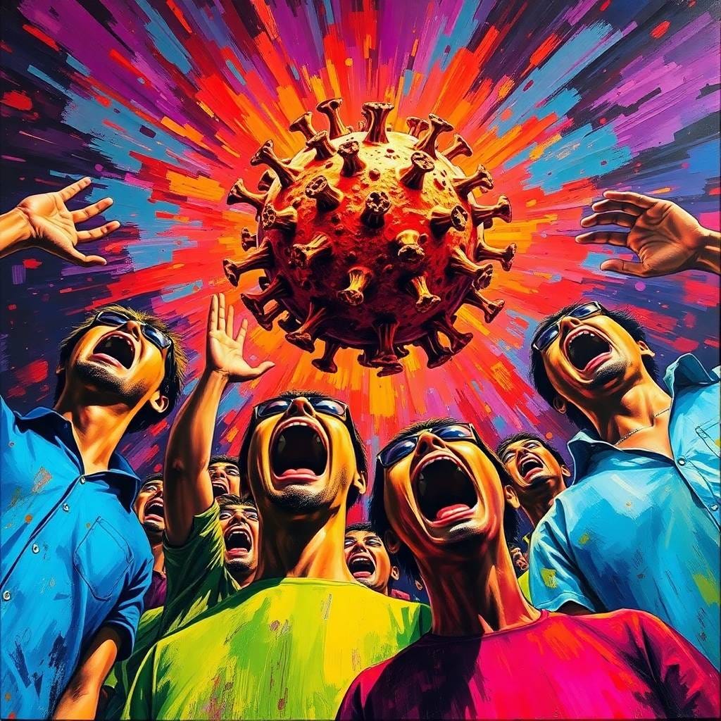 A low-angle perspective bold acrylic painting depicts people screaming in fear at a bird virus; vibrant colors and textured brushstrokes create a dramatic, upward-looking view.