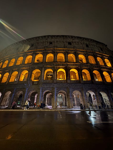 Rome of an evening: the Arco di Giano at twilight, and the lungotevere and Colosseum once night has fallen.