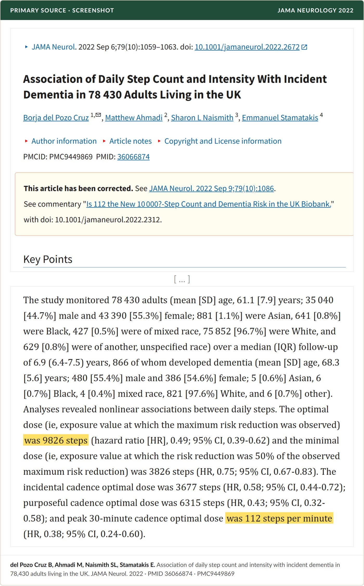 Primary source screenshot, PubMed Central: JAMA Neurology 2022, with the 9,826-step and 112-steps-per-minute findings highlighted.