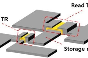 Structure of the proposed AI synaptic device. Two oxide semiconductor transistors are connected; one for writing and the other for reading.