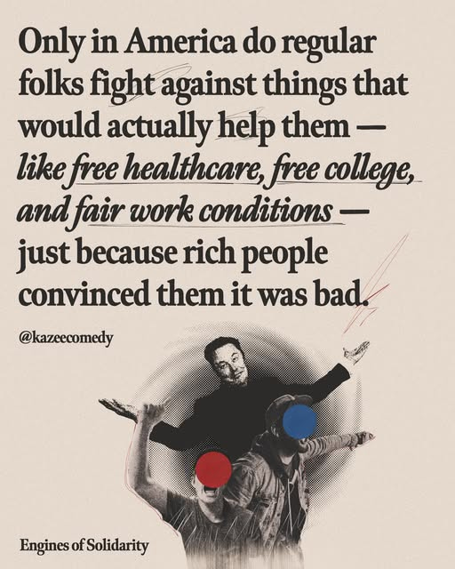 May be an image of 1 person and text that says 'Only in America do regular folks fight against things that would actually help them like free healthcare, free , andfair work conditions- just because rich people convinced them it was bad. @kazeecomedy Engines EnginesofSolidarity of Solidarity'