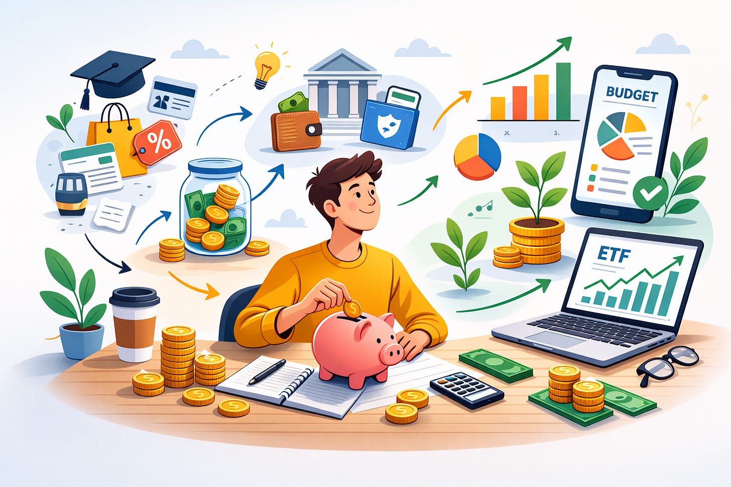 Giovane che pianifica risparmi su laptop con icone di budget, monete e crescita finanziaria in stile semplice e moderno